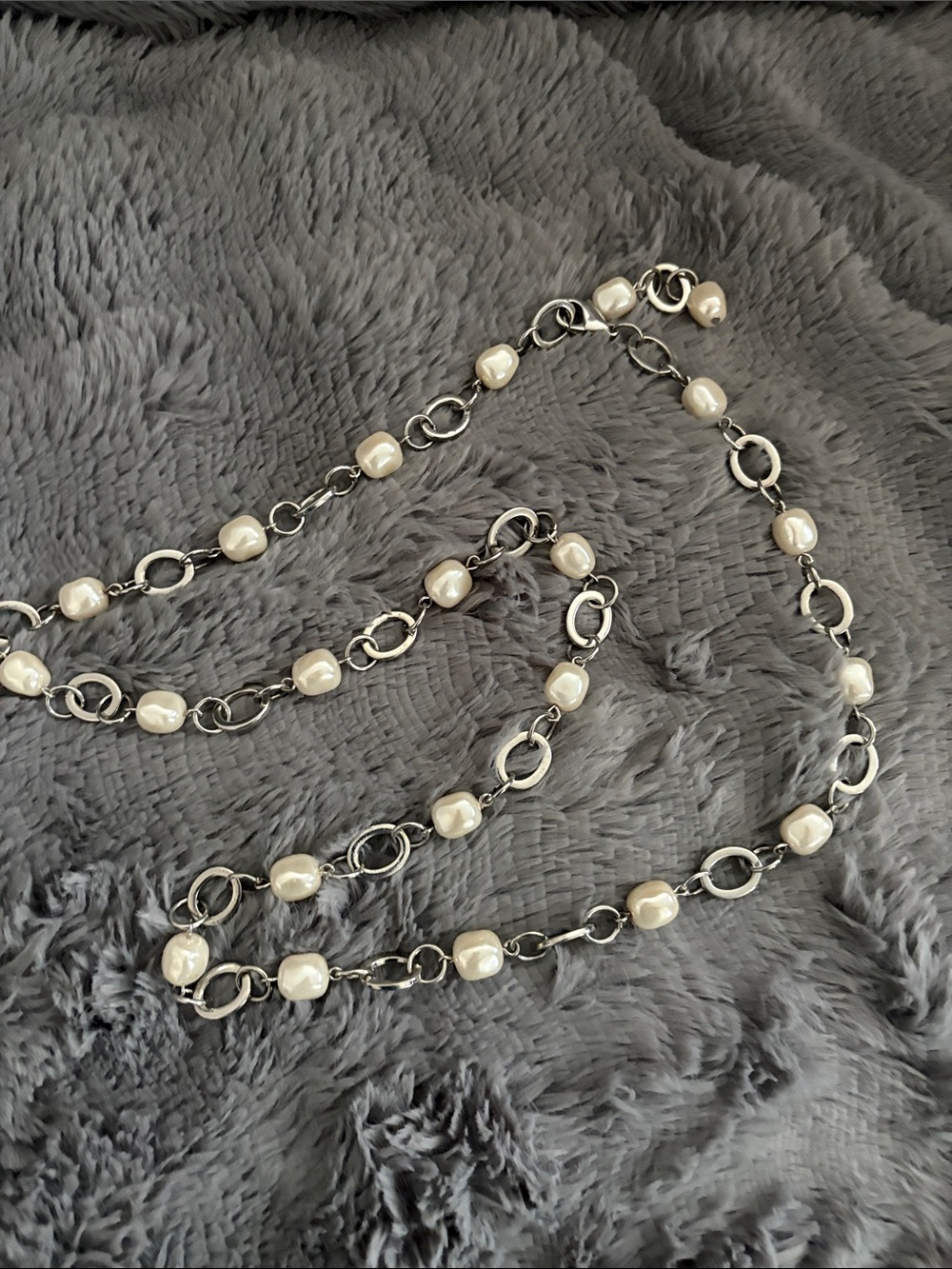 Silver Chain Necklace with White Pearl Beads - Women's Jewelry
